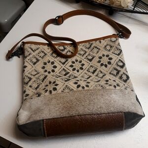 Myra Bag Genuine Leather, Canvas & Deer Hide Pre-owned Browns 13"Tallx 11"Wide